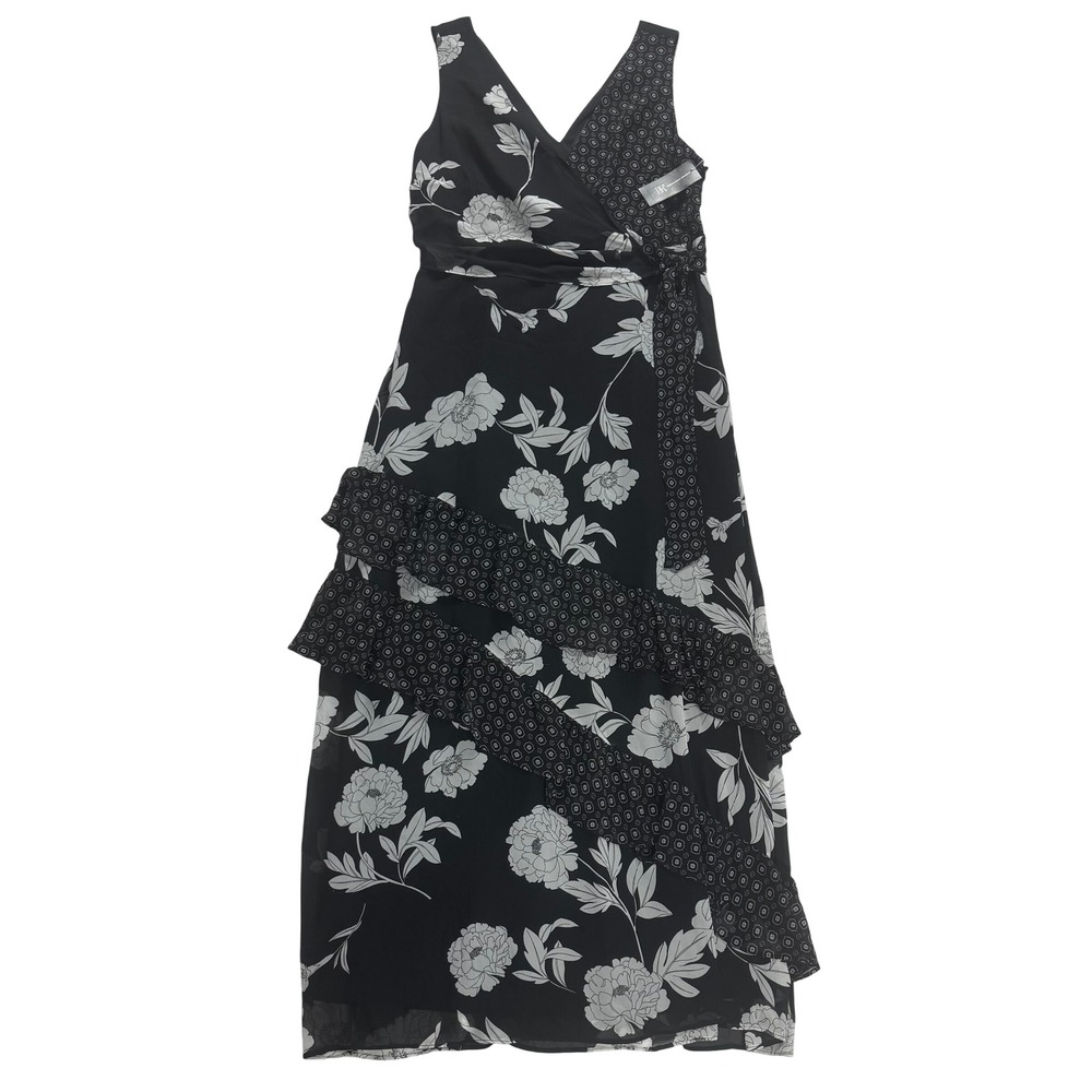 INC International Concepts Black White Floral Foulard Ruffle Maxi Dress 10 NEW